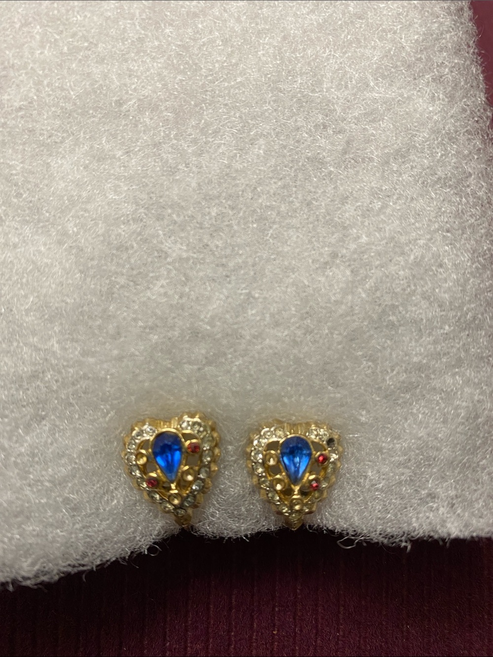 Vintage Gold Heart clip  Earrings with Blue Teardrop
